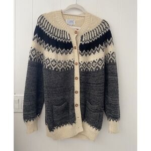 Alpaca‎ Imports Fair Isle Cardigan Wool Sweater Hand Knit Peru Chunky Gray L